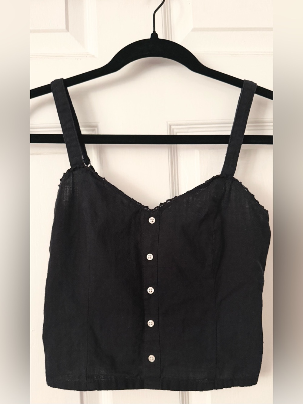 Abercrombie & Fitch Black Linen Blend Lace Trim Crop Top Button Front Size XS